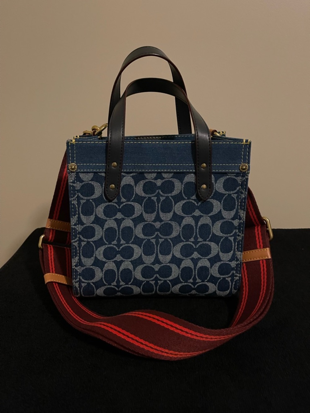 NWOT...Coach Blue Signature Denim Satchel with Red Striped Strap